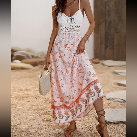 Rosie Bohemian Crochet Top Backless Floral Print Summer Maxi Sundress - Picture 5 of 12